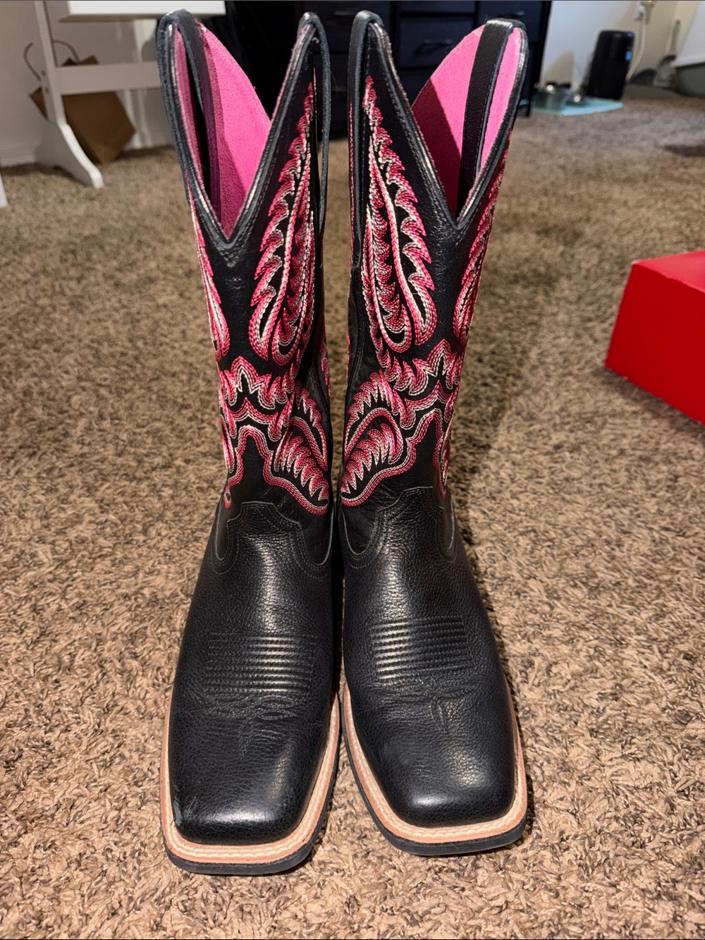 Ariat Black Leather Western Boots with Pink Embroidery - Picture 1 of 5